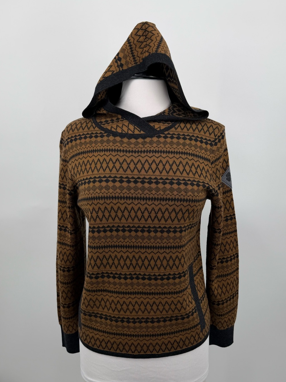 New Krimson Klover Evette hooded merino wool sweater small brown black